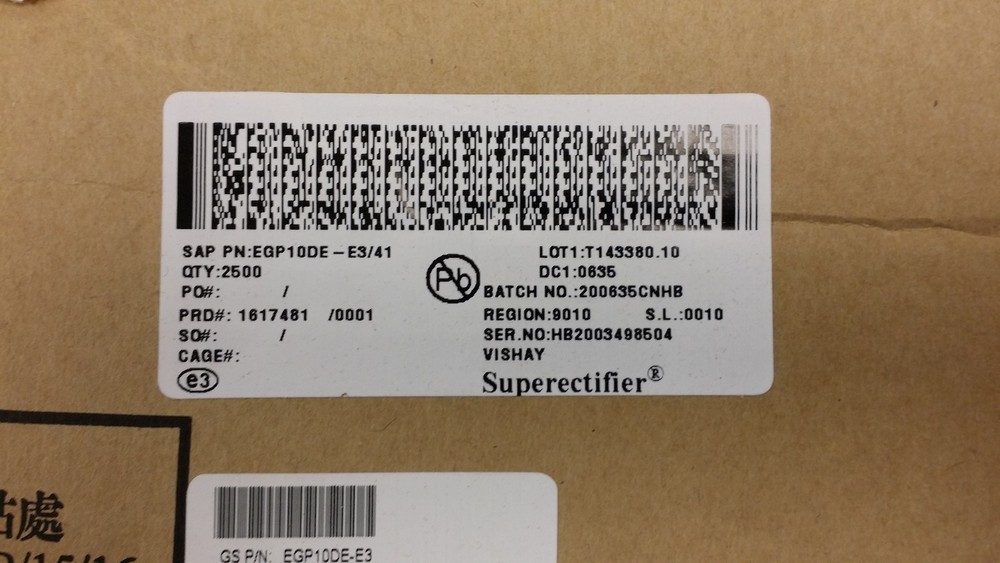 (2500 PCS) EGP10DE-E3 VISHAY Diode Switching 200V 1A 2-Pin DO-204AL ROHS