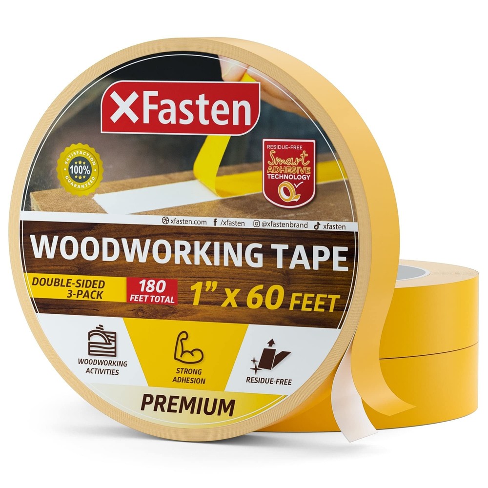 XFasten Double Sided Woodworking Tape 1-inch 180-Feet Total 3-Pack Double Sti…