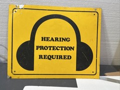 Pair of Vintage Metal Hearing Protection Required Signs Industrial Safety 11×14