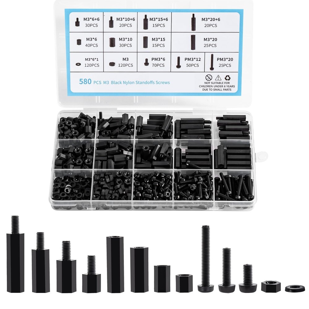 580 PCS M3 Black Nylon Standoff Kit with Spacers, Screws, and Nuts M3, black…