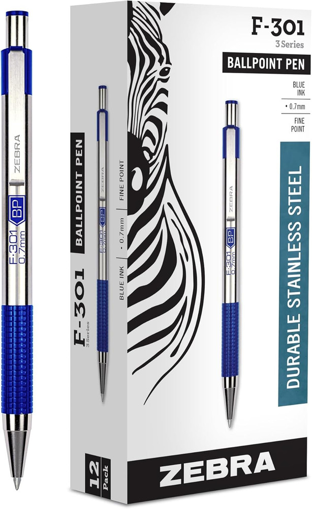 Zebra Pen F-301 Ballpoint Blue Ink Fine Point 0.7Mm Pen, Easy-Glide Ink, Stainle