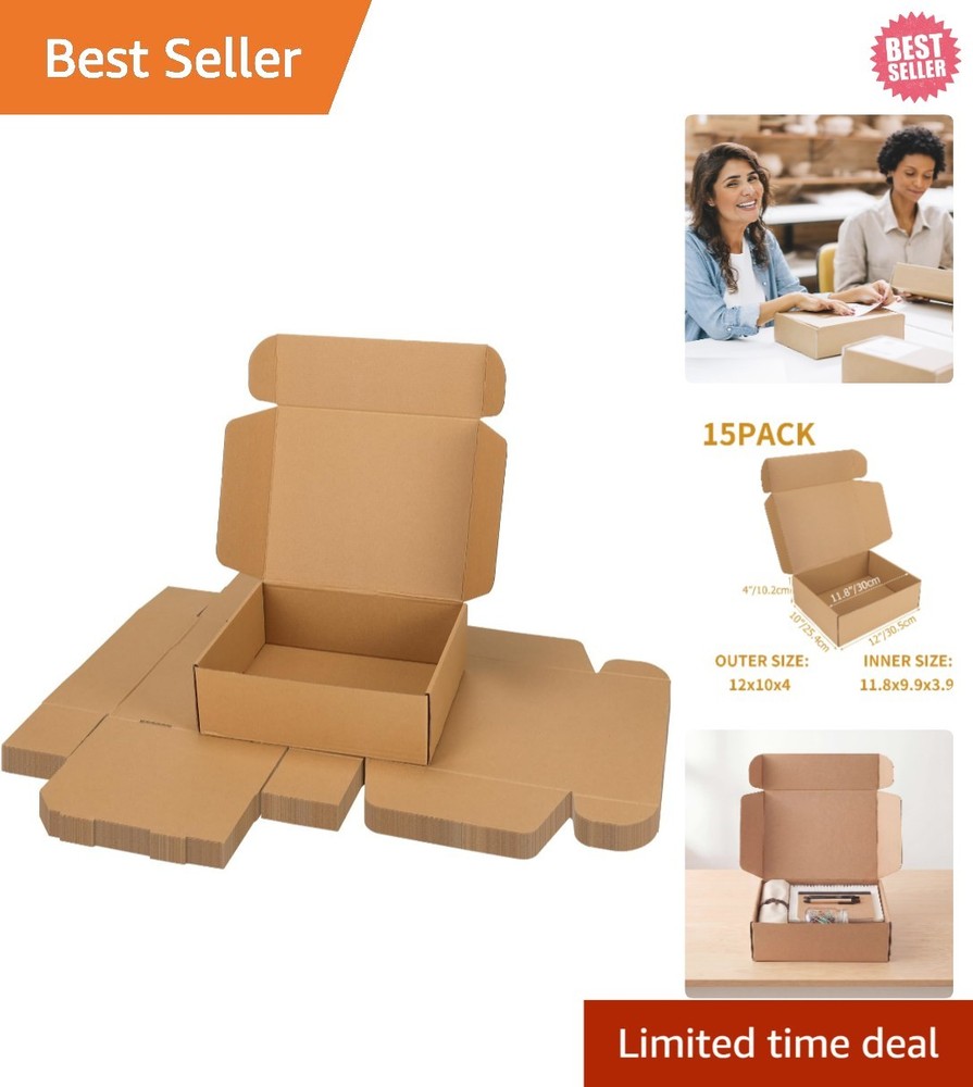 15 Pack 12x10x4 Inch Brown Shipping Boxes – Elegant Mailer for Small Businesses