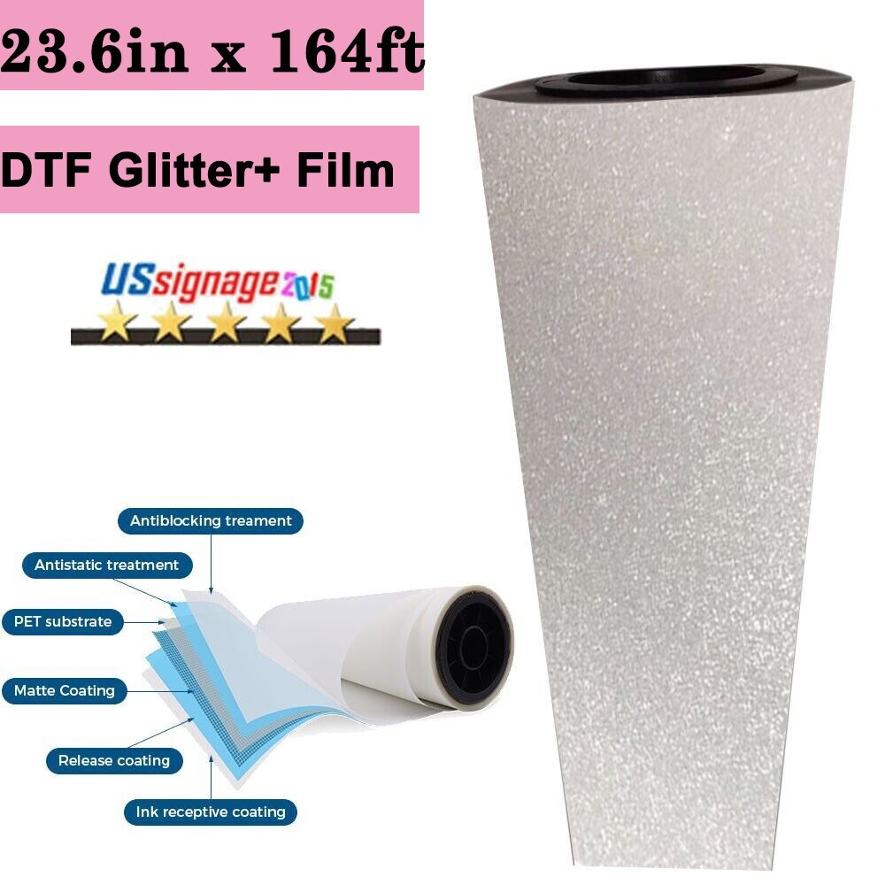 US 23.6in x 164ft DTF Glitter+ Film Roll Cold Peel Film DTF Transfer FIlm