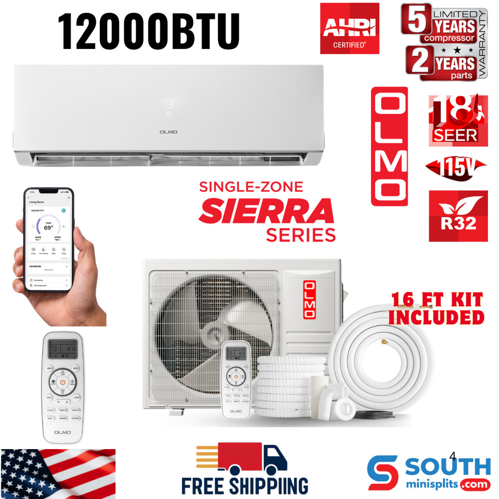 OLMO Sierra 12,000 BTU 115V 1 Ton Mini Split AC & Heat Pump 18 SEER 16ft Kit
