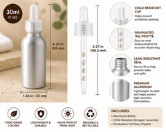 1oz/30ml Aluminum Dropper Bottle – w/Graduated 1ml Pipette – Child Resistant Cap