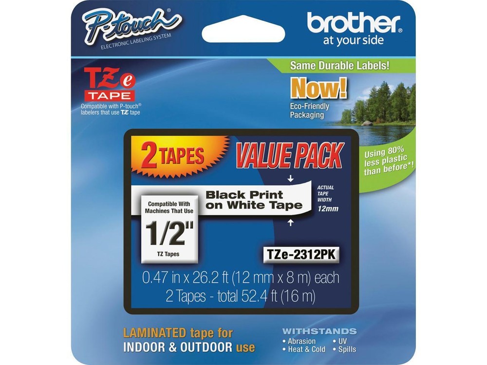 Brother TZE2312PK Black Print on Premium White Laminated Tape for P-touch Label