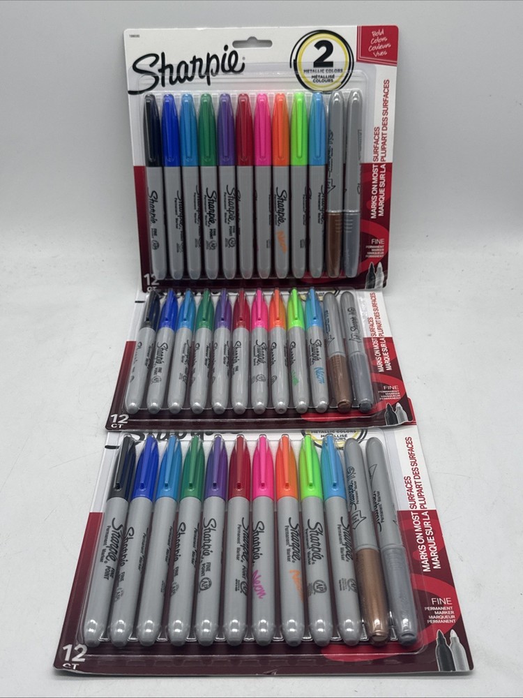 Lot of 3 Sharpie Permanent Markers, Fine Point, Assorted Bold Colors, 12 Count