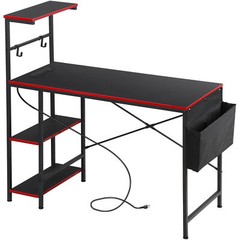 44″ Gaming Desk Computer Desk with Power Outlet & LED Light & Storage Shelves