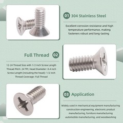 Riyhch 100 Pack 12-24 x 1/2″ Silver Flat Head Machine 0.5 inches,