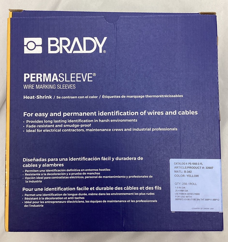 Brady PS-1000-2-YL Yellow PermaSleeve Wire Marking Sleeves Heat-Shrink 250 Roll