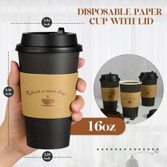 LITOPAK 100-Pack 16oz Black Disposable Coffee Cups w/Lids, Sleeves, Sticks