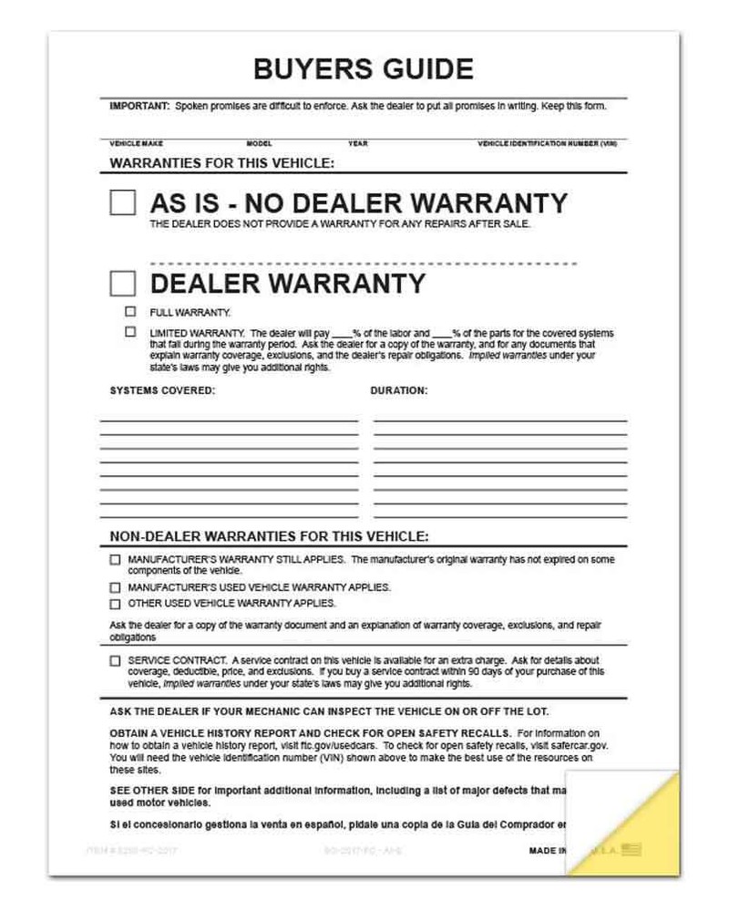 2-Part Buyers Guide Form File Copy – No Tape – As Is – Warranty (100 Per Pack)