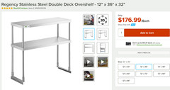 12″W x 36″L x 32″H Stainless Steel Double Deck Overshelf For Work Prep Tables