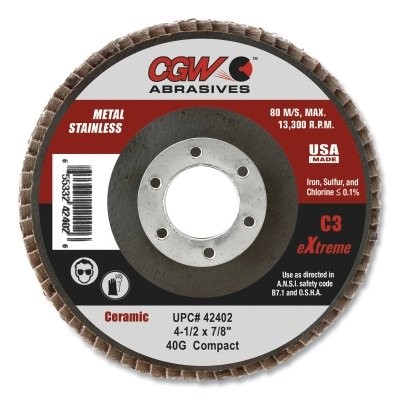 C3 Ceramic Flap Disc, 4-1/2 in dia, 40 Grit, 7/8 in Arbor, 13300 RPM CGW