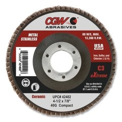 C3 Ceramic Flap Disc, 4-1/2 in dia, 40 Grit, 7/8 in Arbor, 13300 RPM CGW