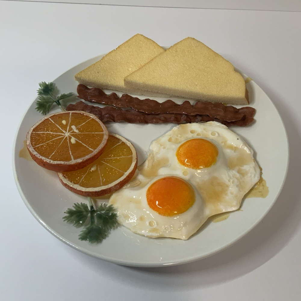 Faux Breakfast Plate Display Food Props – Eggs Bacon Toast Orange Slices