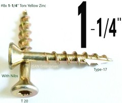 Torx 1-1/4 to 4″ Star Flat Head with nibs Yellow Zinc Type 17 Outdoor Wood Screw