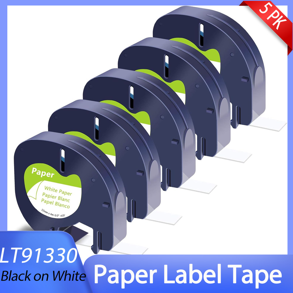 5Pack 1/2″ X 4m 13 ft Black on White 91330 Label Tape Fit for DYMO LetraTag 100T