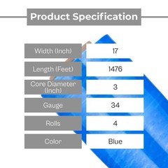Blue Hand Wrap 17″ x 1476′ Pre-Stretch Hand Film w/ Hand Saver 4 Rolls