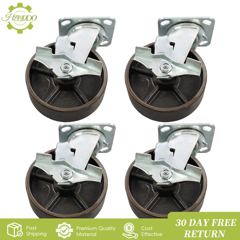 4PCS 6″ Industrial Casters- Heavy Duty Casters, Cast Iron Wheel with Brake