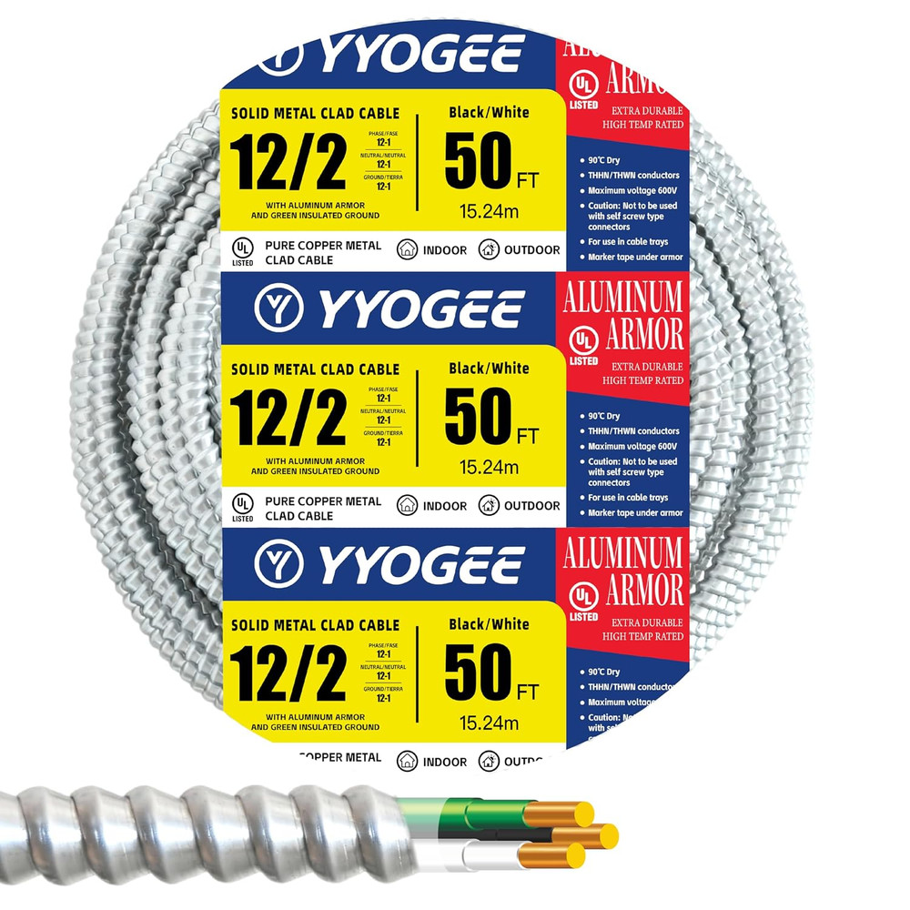 12/2 50FT MC Cable with Ground, 12 Gauge Wire Metal Clad Cable with Solid