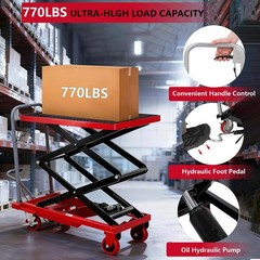 770 Lbs Hydraulic Double Scissor Lift Table 11-59″ Height 4 Wheels Non Slip Red