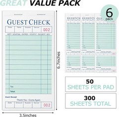 300 Guest Check Books 6 Pack Of 50, for Servers, Server Note Pads, Waitresses