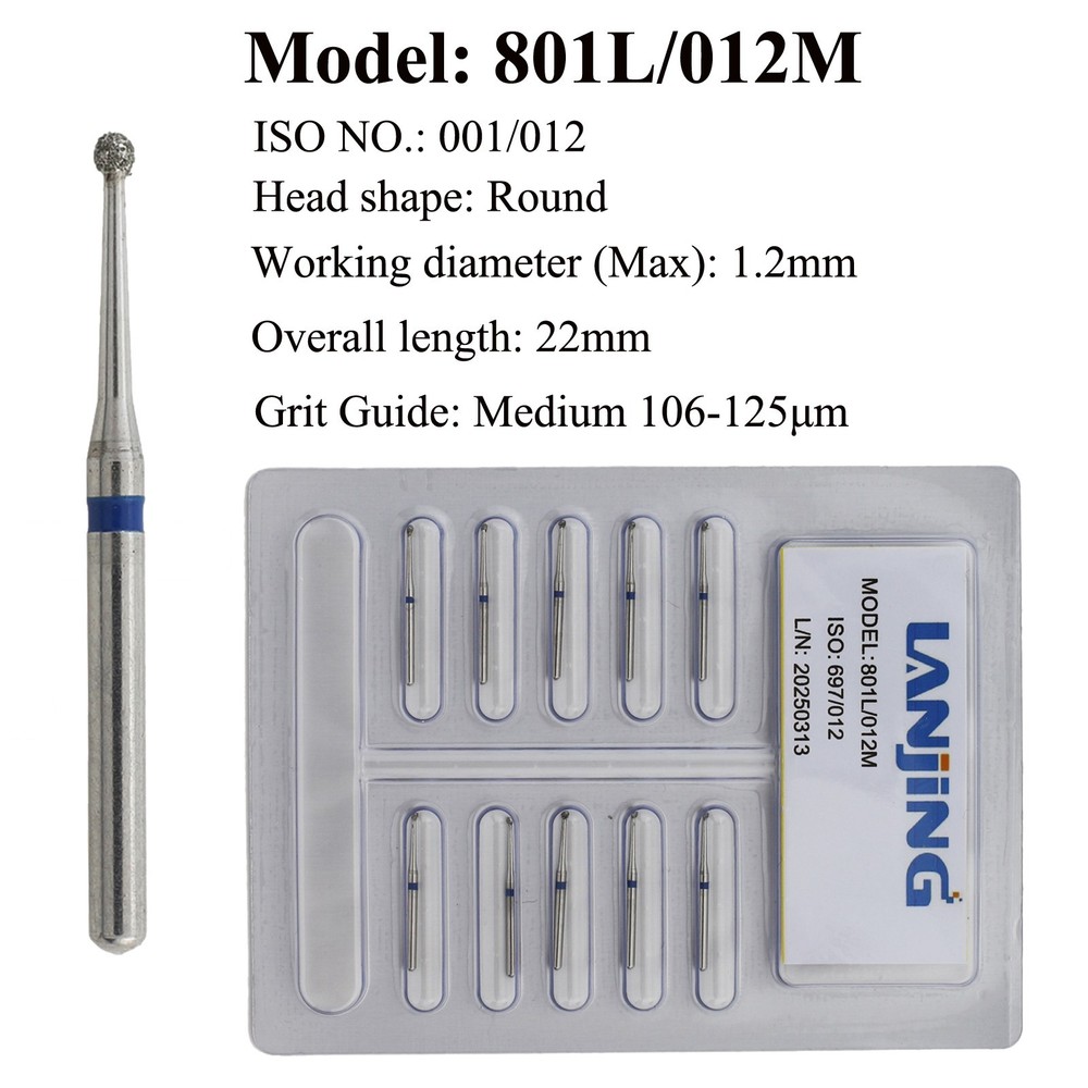 Dental Diamond Bur Long Shank Ball Round Medium 801L FG High Speed Burs 22mm