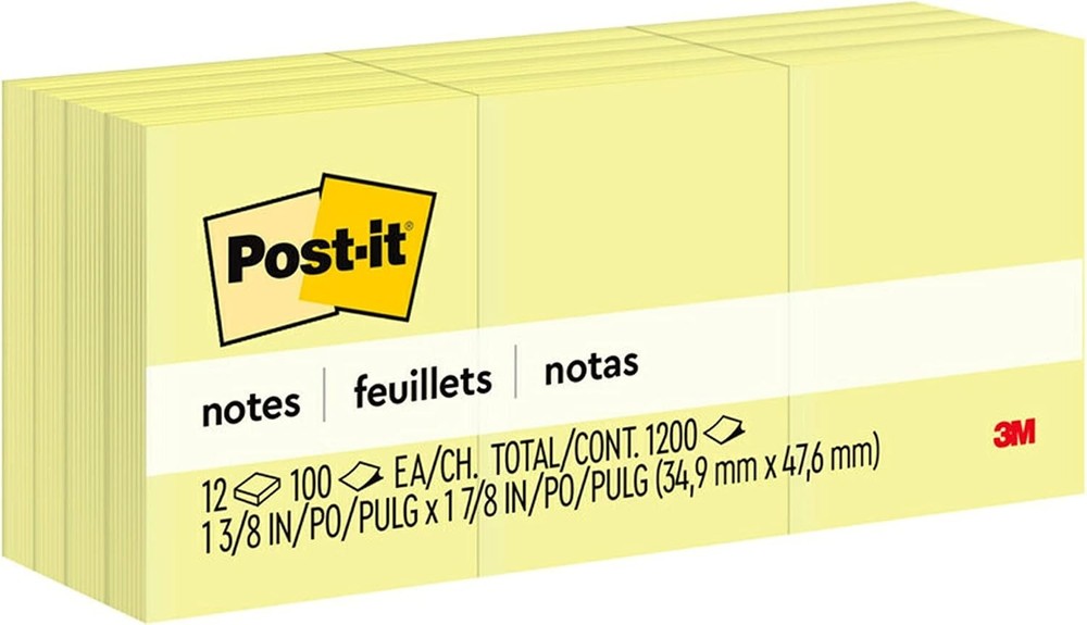 Post-it Notes, 1 /3/8 x 1 7/8 in, 12 Sticky Notes Pads, 100 Sheets per Pad