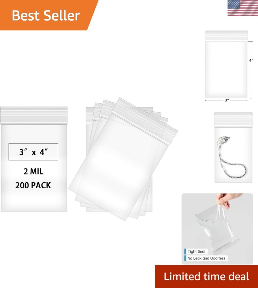 200-Piece Waterproof 3×4 Zip Bags – Sturdy Plastic Storage Solution