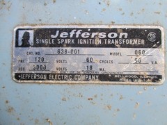 JEFFERSON 638-001 -060 IGNITION TRANSFORMER, 120 -3000 volts, 90 VA, 18 MA