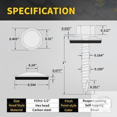 Metal Roofing Screws #10 x 1-1/2″, 300 PCS, RUSPERT Hex Head Rubber Washer Sheet