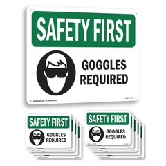 Goggles Required With Symbol OSHA SAFETY FIRST Sign Metal, Decal – 5 or 10 Pack