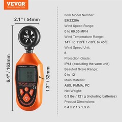 VEVOR Handheld Anemometer Digital Wind Speed Meter Gauge 14℉-113℉with LED Screen