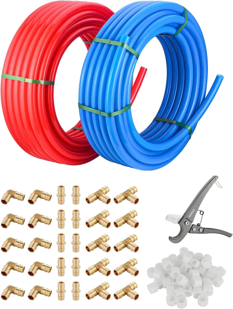 EFIELD 1/2″ PEX-A Tubing 200ft Red Blue Pipe Kit Fittings Set