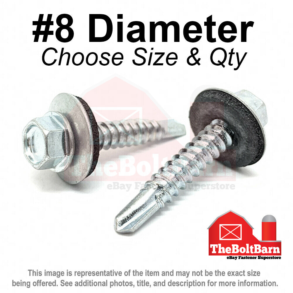 #8 Hex Rubber Sealing Washer Self Drilling Sheet Metal Screws(Pick Length & Qty)