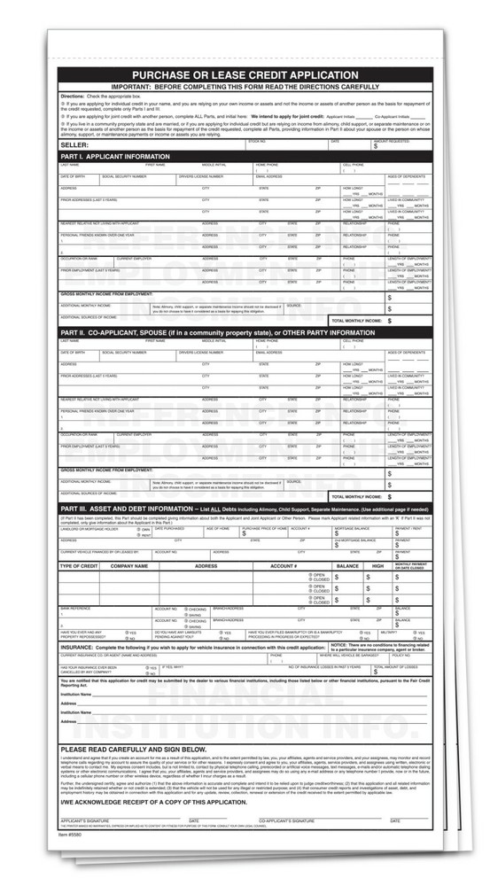 CUSTOMER UNIVERSAL CREDIT APPLICATION FORM 3 PART 100 PER PACK CAR LOT DEALER