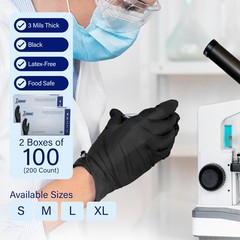 2 Boxes of 100 Gloves Black Nitrile Gloves,Disposable Latex Free Exam Grade Glov