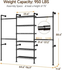 ONBRILL H3 Expandable Closet System 5.4 8.1FT with 4 Rods 6 Wire Shelves Black