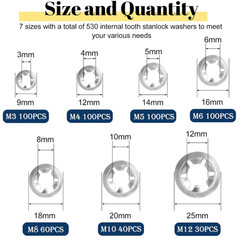 530PCS Internal Tooth Star Lock Washer, 304 Stainless Steel Push Nuts Assortment