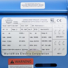 7.5 HP 3 Phase Electric Motor 3500 RPM 184T Frame ODP Open Drip Proof 230/460V