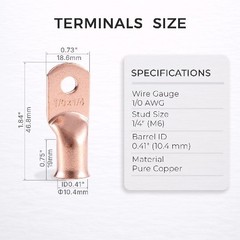 1/0 AWG 0 Gauge 1/4 Inch M6 Copper Ring Terminals Pcs Heavy Duty Battery Cable