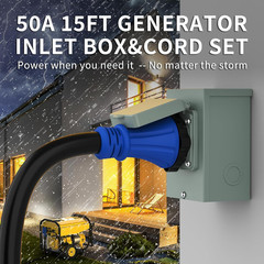 50 Amp Power Inlet Box and 15FT Generator Cord, 125V/250V Emergency Power Combo