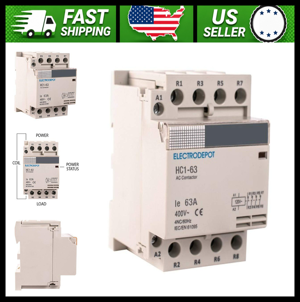 Electrodepot 50 Amp 4 Pole Normally Closed IEC Contactor with Mounting Base