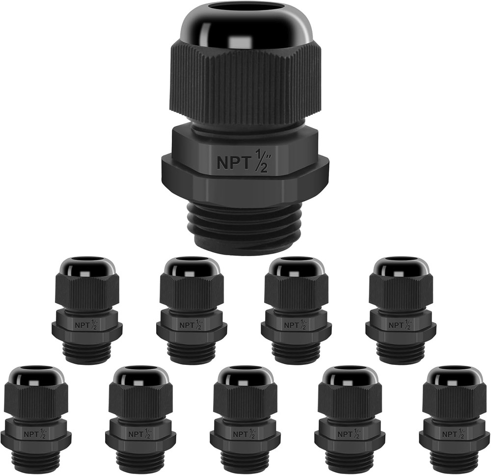 10 Pack 1/2″ NPT Strain Relief Nylon Cord Grip, IP68 Waterproof Adjustable Cable