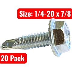 20 Pack 1/4-20 x 7/8” Self-Drilling Hex Washer Head TEK Screws Zinc Plated