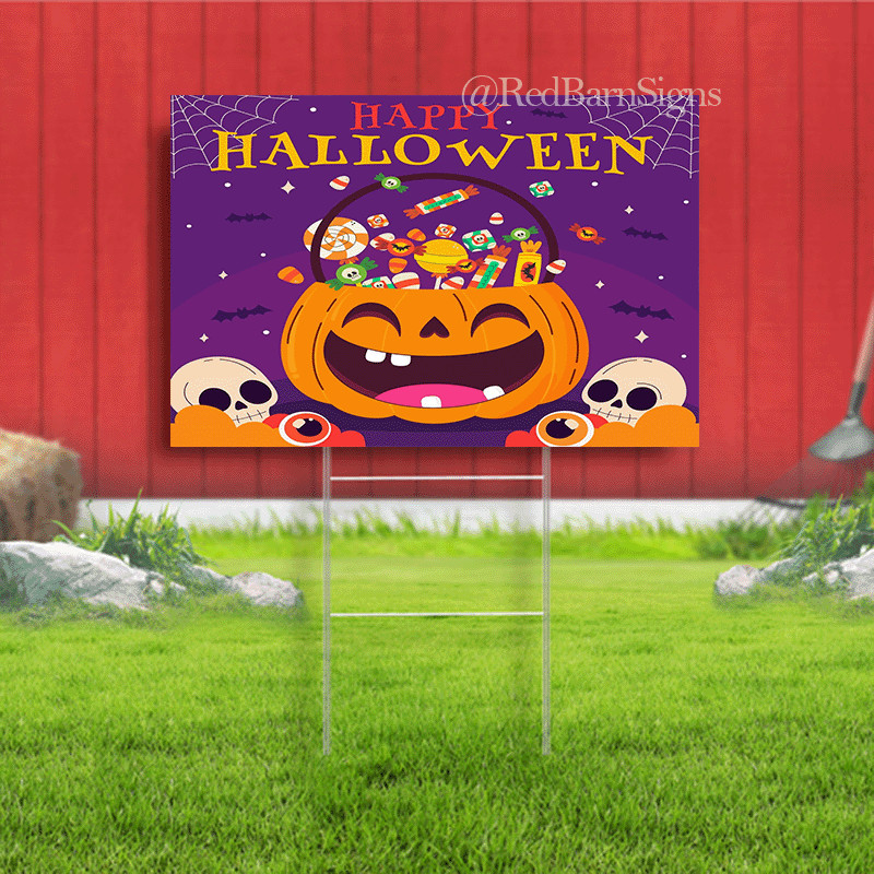 Happy Halloween pumpkin candy bag purple background yard sign