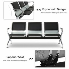 3-Seat Heavy PU Leather Barber Airport Waiting Room Chair Reception Office Bench