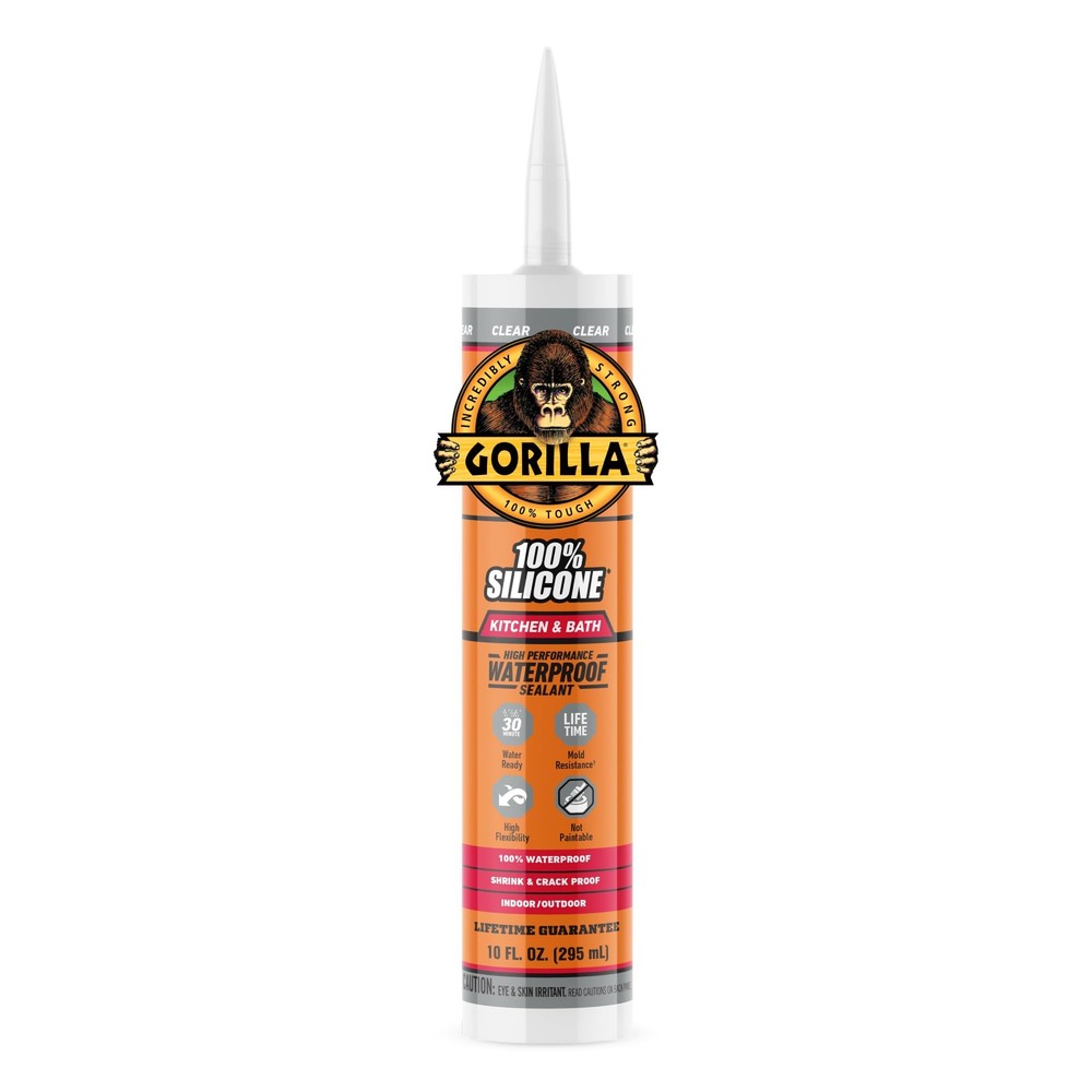 Gorilla 100% Silicone Caulk Kitchen & Bath Sealant, 10 fluid ounces, Clear