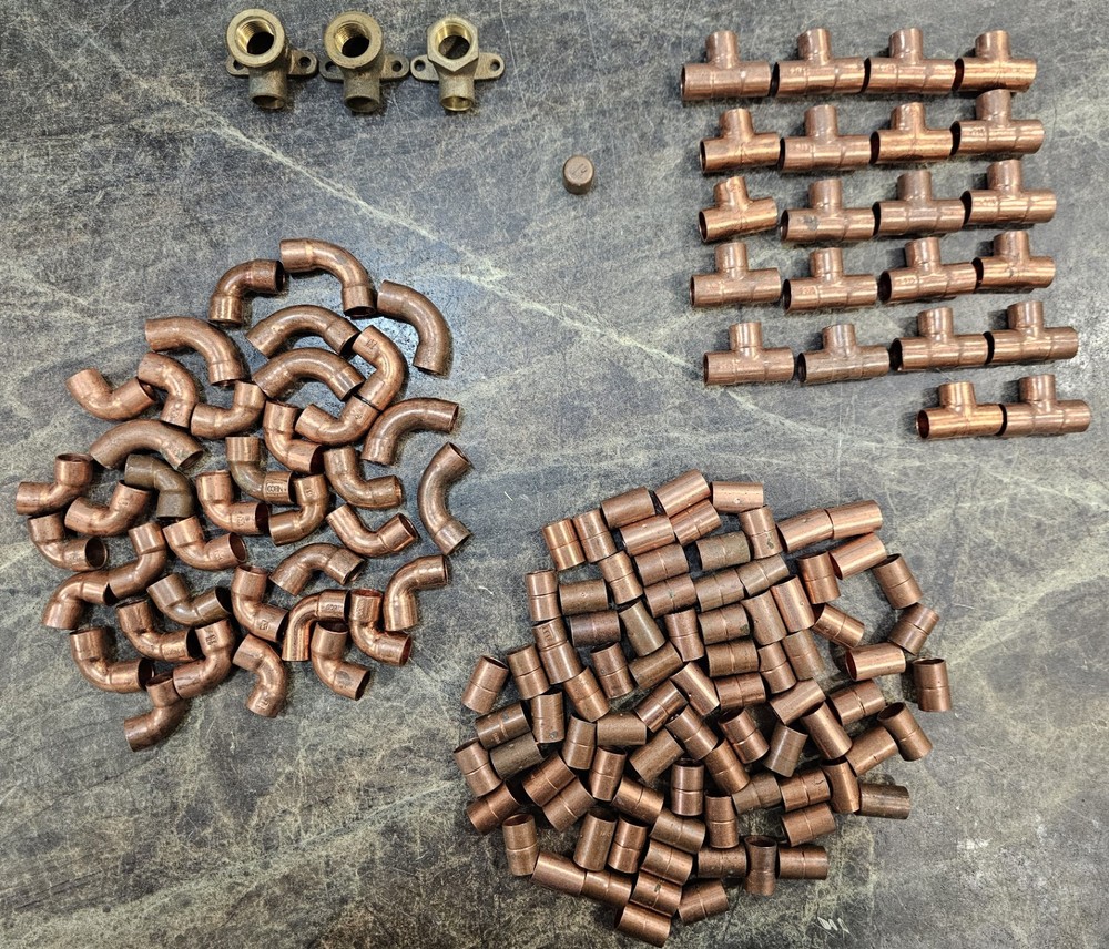 (LOT OF 149) 3/8″ Copper Sweat Fittings Solder Tees, Elbow, Coupler, Cap Nibco